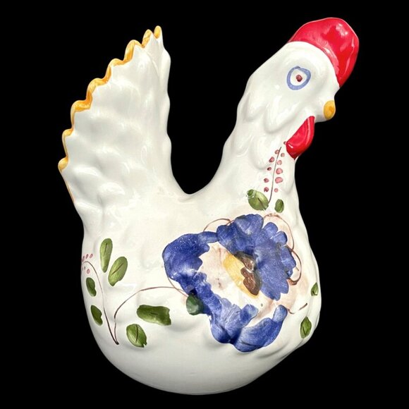 Vintage 1980s Folk Art Portugal Lucky Barcelos Hen Blue & White Ceramic Figurine - Picture 4 of 8